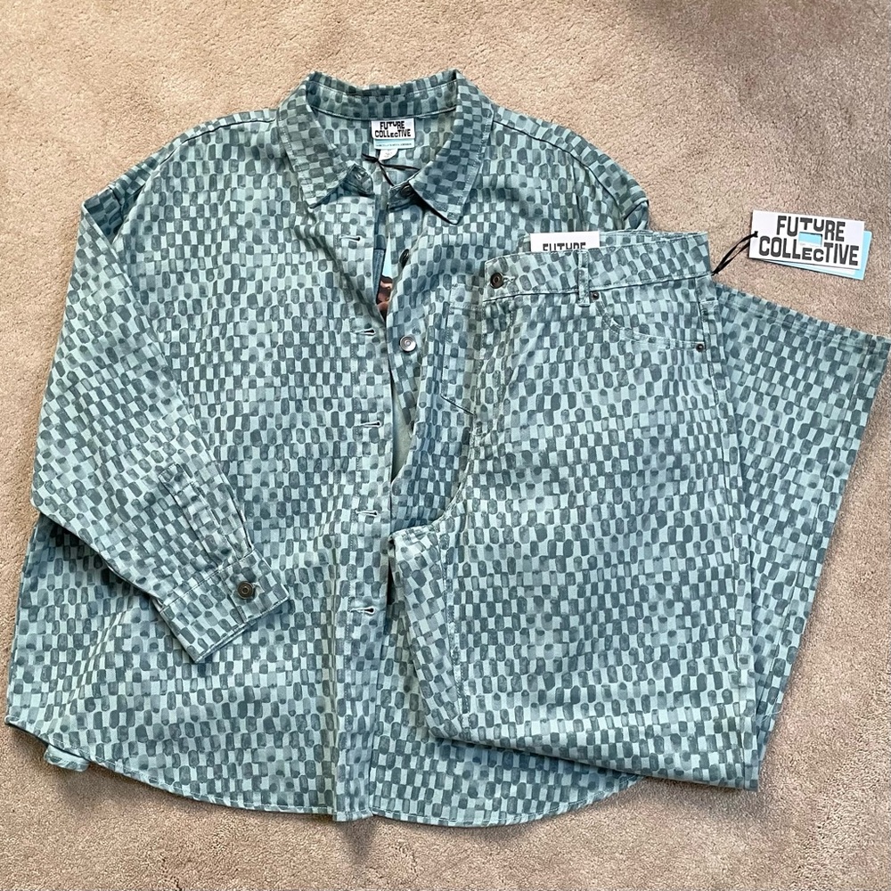 New Future Collective Checkered Print Denim Shirt & Pants Set Blue Size XL / 14 - Picture 6 of 16